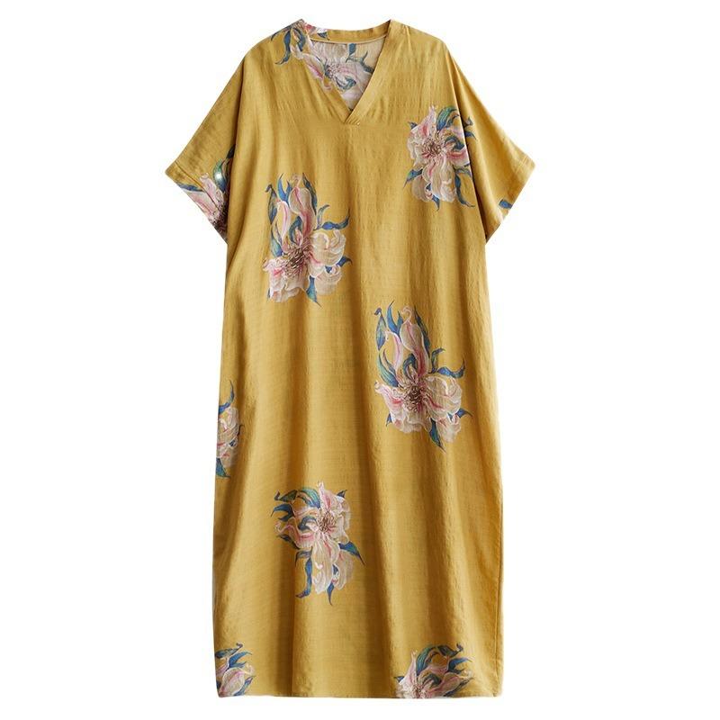 Real Shot Summer V-neck Thin Cotton and Linen Large Size Loose Literary Holiday Wind Beach Skirt Retro Long Robe