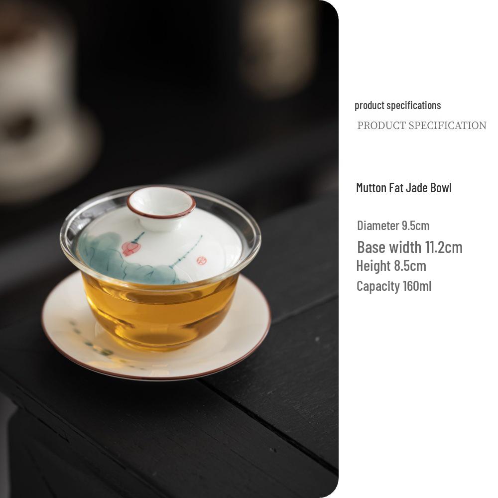 Chinese Hand-Painted Gaiwan Tea Set with Borosilicate Glass and Mutton Fat Jade White Porcelain
