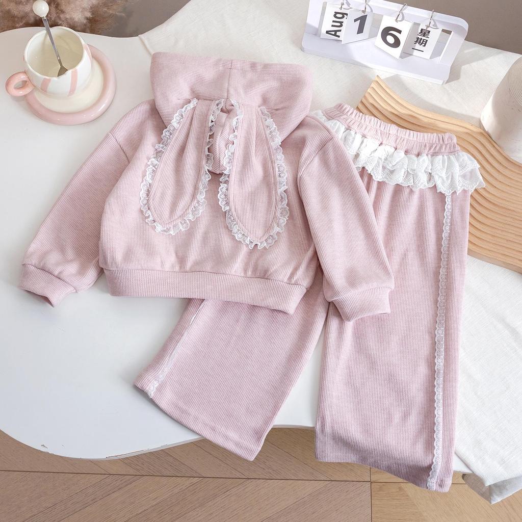 Mori-Style Korean Autumn Rabbit Ear Lace Hooded Sweatshirt & Pants Set for Baby Girls