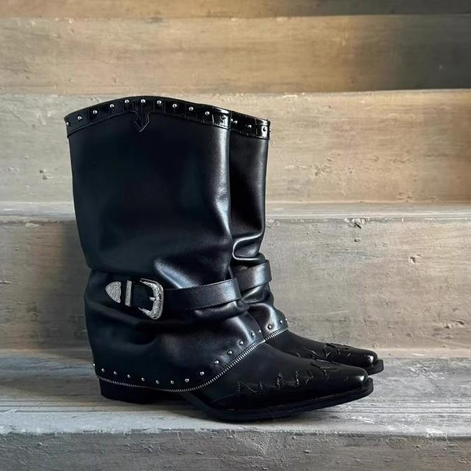 Fashion Women Ankle Boots Pointed Toe Real Leather Horseshoe Heel Short Boots Woman Rivet Buckle Luxury Shoes Ladeis Party Botas Mujer
