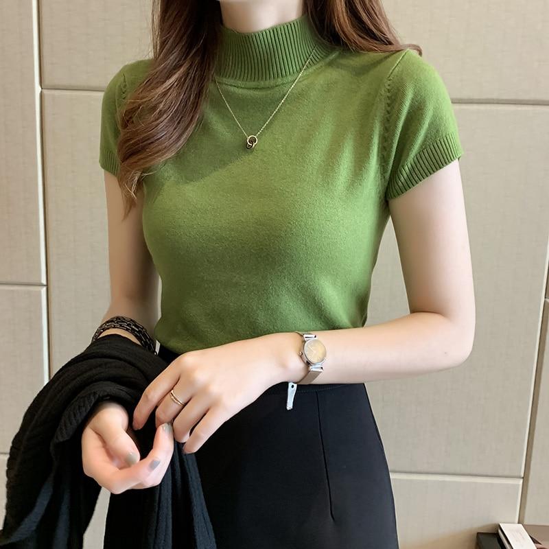 2023  Casual Knitted Women Tops Women Clothing Blusas Summer Solid Slim Turtleneck Blouse Fashion Chic Korean Clothes 8622