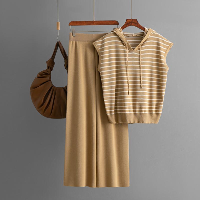 Fashion Set Women's Summer Sleeveless Hooded Striped Knitted Top High Waist Wide Leg Pants Two-piece Set