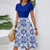 Women's Casual Fashion Belted Floral Print Short Sleeve Round Neck Elegant Dress
