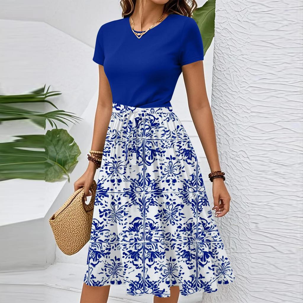 Women's Casual Fashion Belted Floral Print Short Sleeve Round Neck Elegant Dress