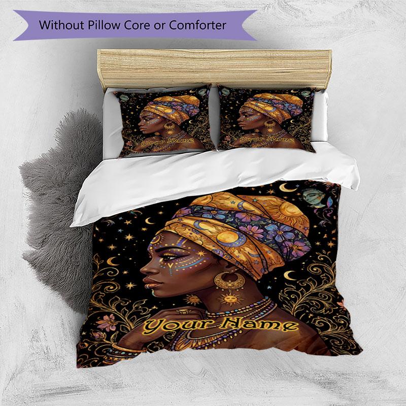 3pcs Custom Name Ethereal African Goddess Bedding Set Printed Bedding Set Duvet Cover Closure Includes 1 Duvet Cover & 2 Pillowcases Bedroom Decor