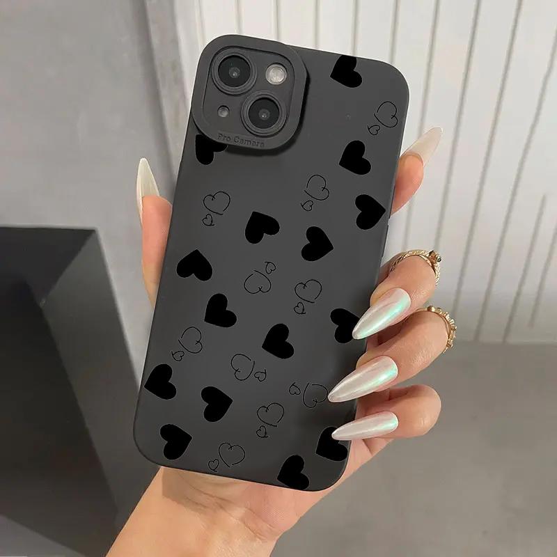 Black Love Heart Phone Case For iPhone 17 16E 16 15 14 11 Pro Max Air 12 13 XS XR X 8 7 Plus SE2 Shockproof Soft Silicone Cover