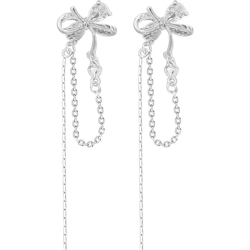 Korean 925 Sterling Silver Crystal Bowknot Long Crystal Stud Earrings For Women Wedding Party Jewelry Gift Female Pendientes