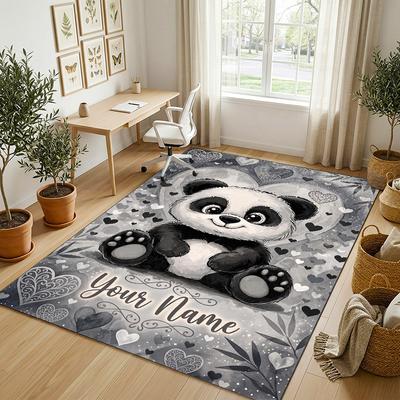 Bear Panda Theme Crystal Velvet Rug Personalized Custom Name Text Soft Floor Mat Home Decor