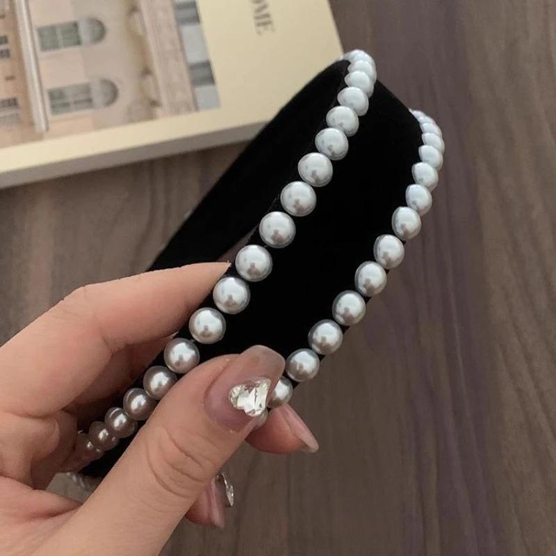 Women Vintage Black Velvet Pearls Hairband with Teeth Anti Slip Adult Hair Clip Wide Edge Headband Girls New Hair Accessory