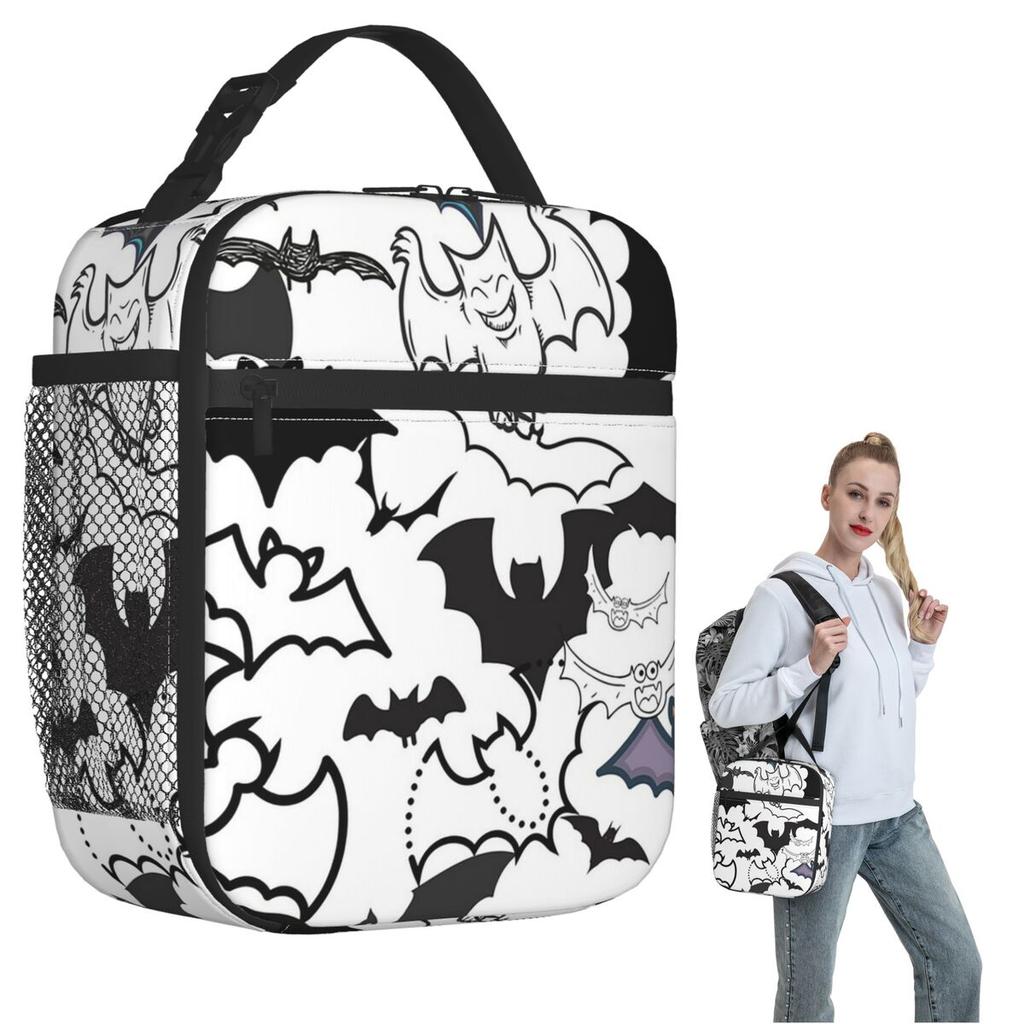 Colour Bat Halloween Day Of The Dead Insulated Lunch Bag for Women Kids Portable Food Boxes Thermal Lunch Box Tote