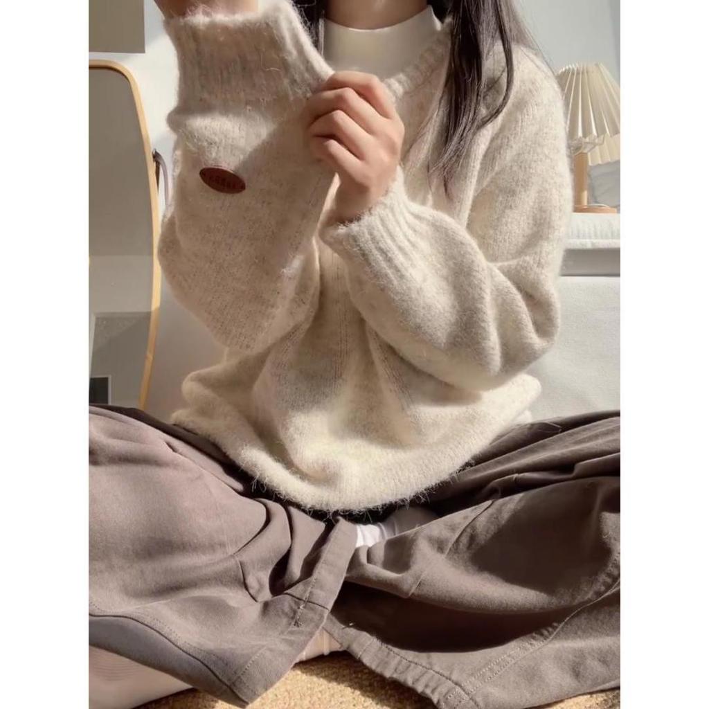 Large Version Thickened Soft Waxy Sweater Women's Semi-open Neck Button-knitted Sweater Autumn and Winter Loose Inner Long-sleeved Lazy Top