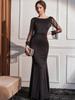 Elegant European Mesh Beaded Long Sleeve Hepburn Style Evening Party Gown