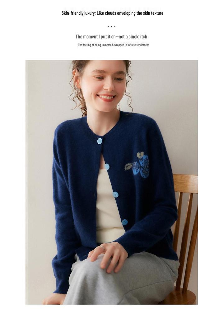 Autumn Winter Women's Cashmere Embroidered Round Neck Knit Cardigan