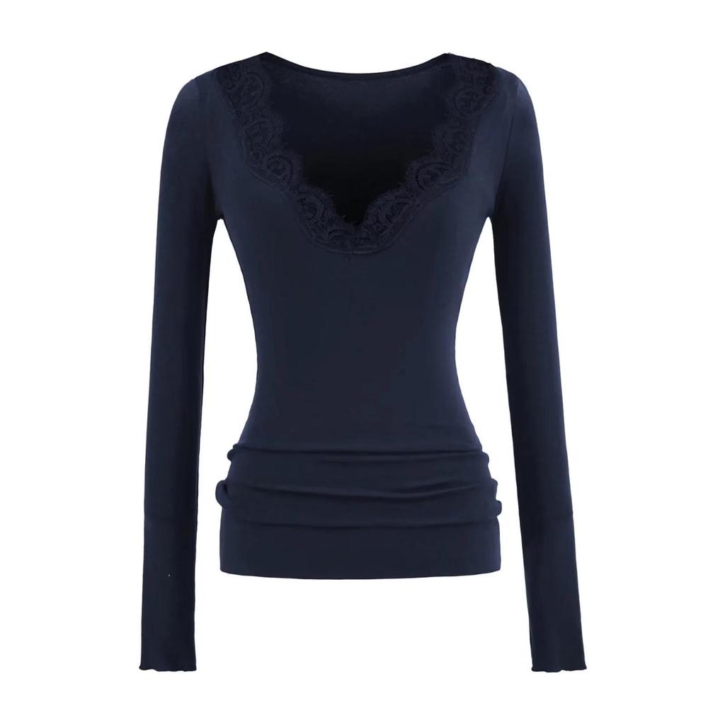 T-shirt da donna a manica lunga in pizzo con scollo a V, vestibilità slim, per Autunno/Inverno