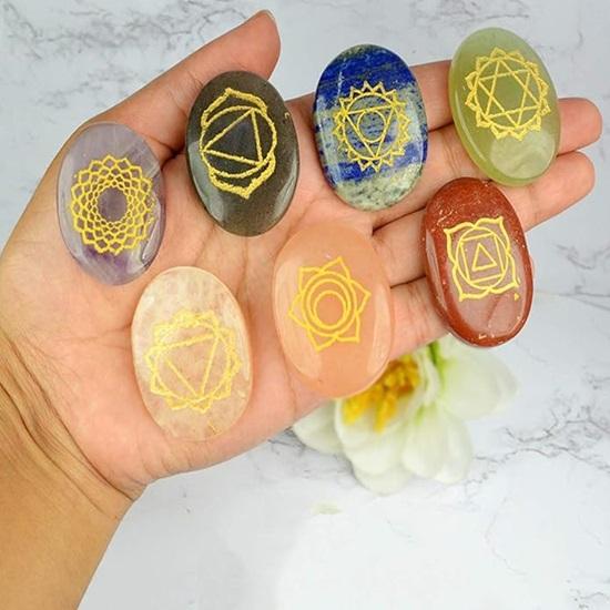 Set of 7 Pcs 7 Chakra Symbol Engraved Set Healing Gemstone for Reiki Healing Crystal Healing