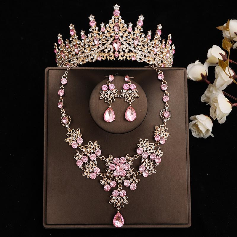 Pink Bridal Crown Three Piece Suit Wedding Crown Tiara Necklace Earrings Korean Super Fairy Wedding Dress Accessories