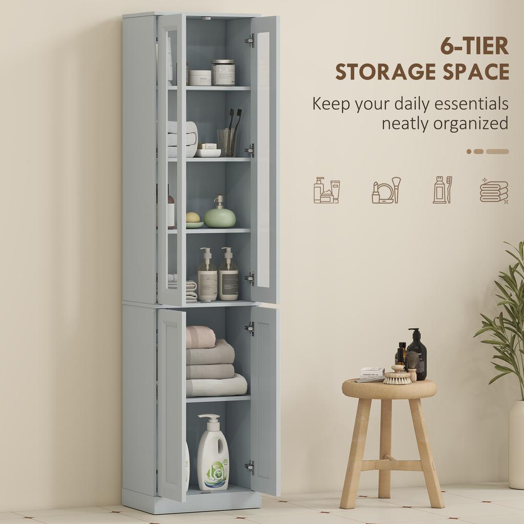 Tall Bathroom Storage Cabinet, 6-Tier Slim Bathroom Cabinet with Adjustable Shelf, 4 Soft-Close Doors, Dusty Blue