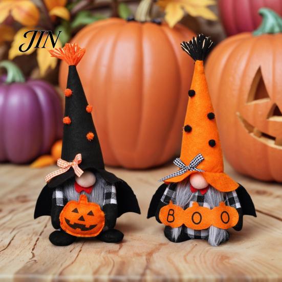 Decorative Gnome Toys Halloween Plush Decoration, Spooky Orange Black Boo Pumpkin Swedish Tomte Seasonal Table Accents Figurine, Elf Dwarf Ornaments