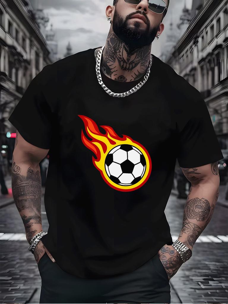 Unisex White Tee Flame Soccer Ball Graphic Print Short Sleeve Loose Casual Summer Street Basic Top For Adult Male Daily Wear Outfit
