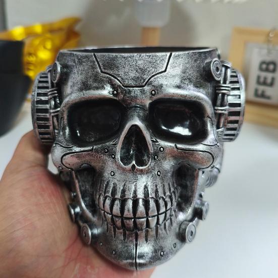 Resin Skull Planter Steampunk Machinism Human Skull Plant Pot Gothic Flower Vase with Drainage Hole for Home Office Decor