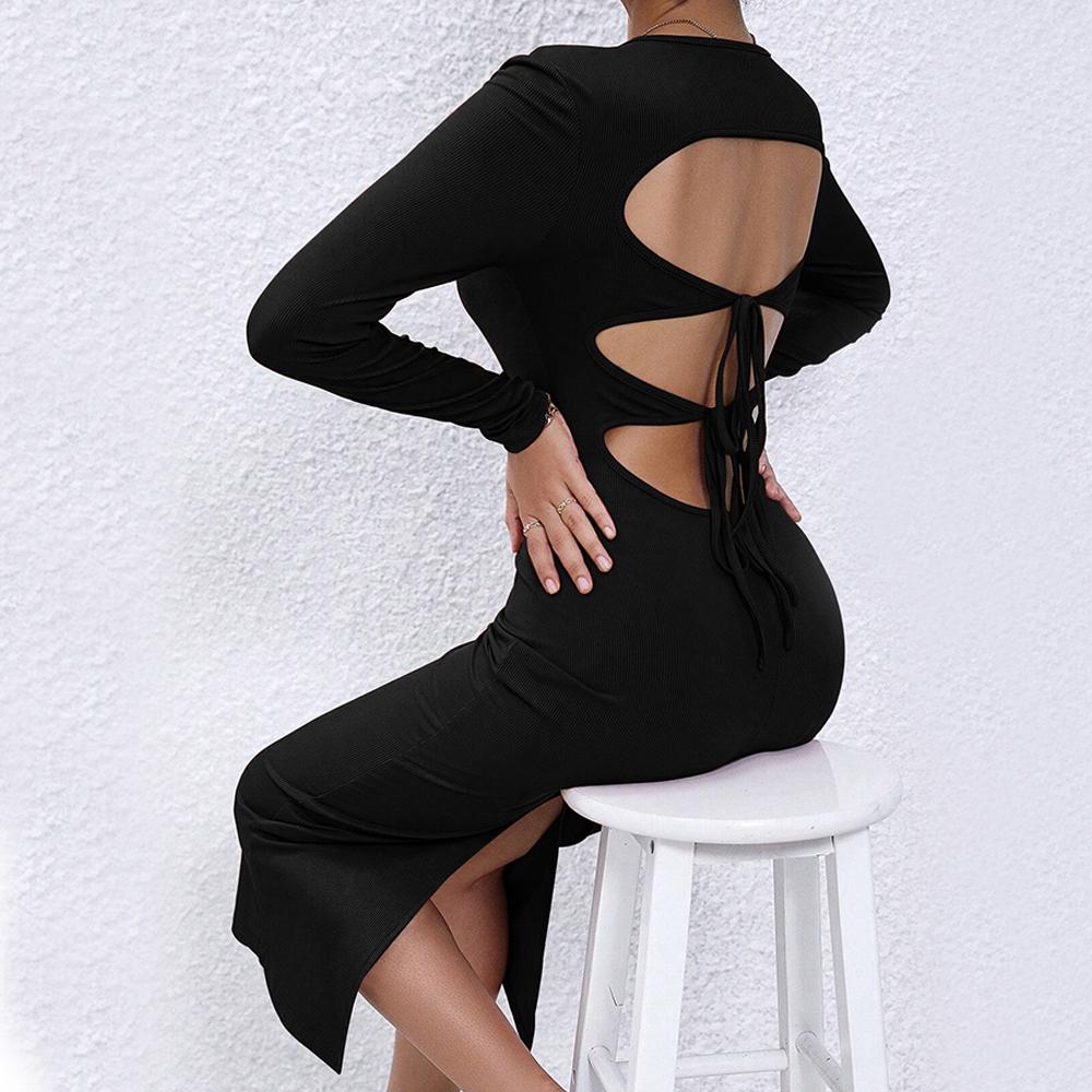 JKASHDK Damenmode Herbst Winter Einfarbiger Druck Langarm O-Ausschnitt Mittlere Taille Freizeitkleider