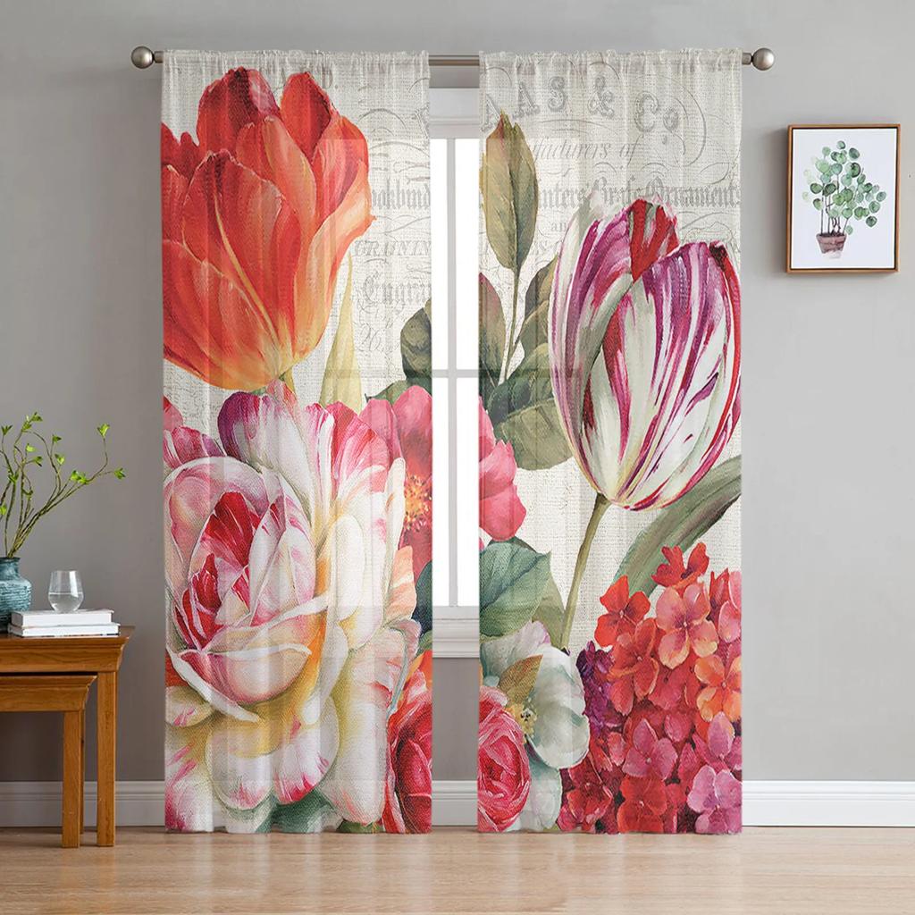 Spring Tulips Easter Mother Day Flowers Tulle Curtains Living Room Home Kitchen Decor Bedroom Window Drapes Light Filtering Made Of Polyester Sitting