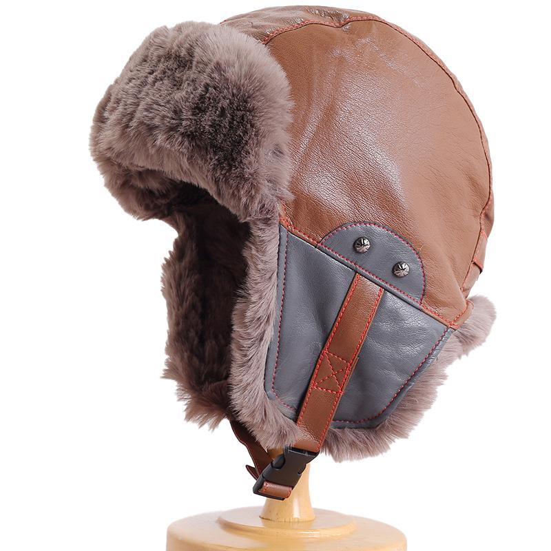 Retro pilot hat men's and women's winter velvet PU leather warm Lei Feng hat Northeast outdoor cycling ear protection hat