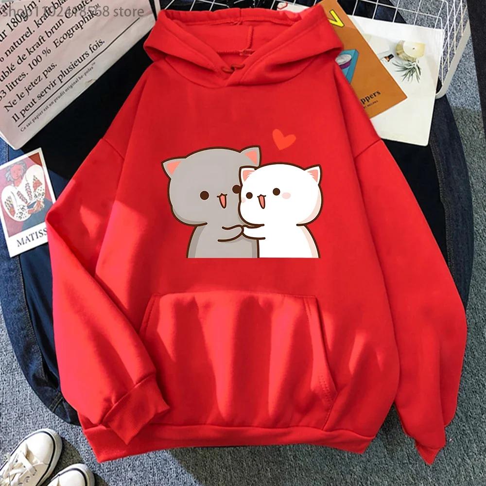 Cartoon Cute Peach Cat Hoodies Women Aesthetic Clothing Kawaii Sweatshirts for Girls Winter Fleee Pink Tops Long Sleeve