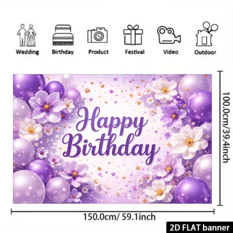 

2D Purple White Floral Happy Birthday Backdrop Party Photography Banner 47.2x31.5inch/120*80cm