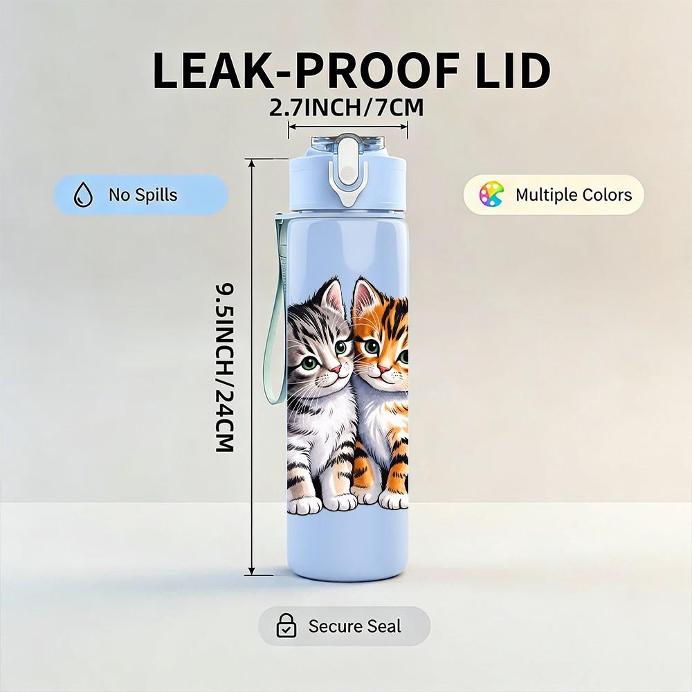 1PC Two Kittens Cute Pet Pattern 750ml Color Plastic Sports Water Bottle Leakproof Flip Straw Lid Suitable for Sports Office Home Use
