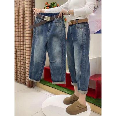 Plus Size Women's High-Waisted Loose Fit Curved Jeans for Pear-Shaped Body – Autumn Slim Nine-Point Dad Pants