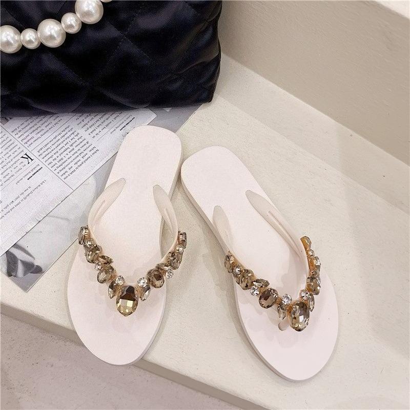 Bequeme und modische Allround-Strandschuhe Rutschfeste weiche Sohle Lässige Flip-Flops Strasskettchen Flache Hausschuhe