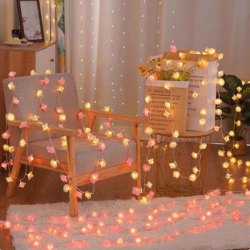 Ghirlandă luminoasă cu 20 de LED-uri, Lumini de zână pentru Ziua Îndrăgostiților, Ghirlandă cu baterii pentru nuntă, Floare romantică trandafir, 300CM