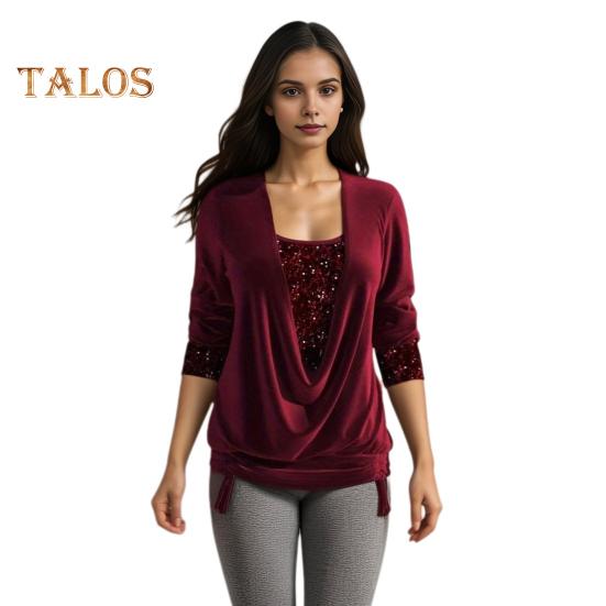 

Женские бархатные топы с воротником-стойкой, длинными рукавами, завязками на подоле, присборенными топами, однотонные блузки с пайетками и строчкой 3XL красный