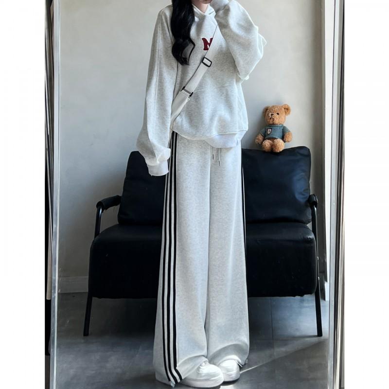 Womens High-Waisted Wide-Leg Joggers With Triple Stripe Detail Loose Fit Cotton Blend Casual Pants Fall