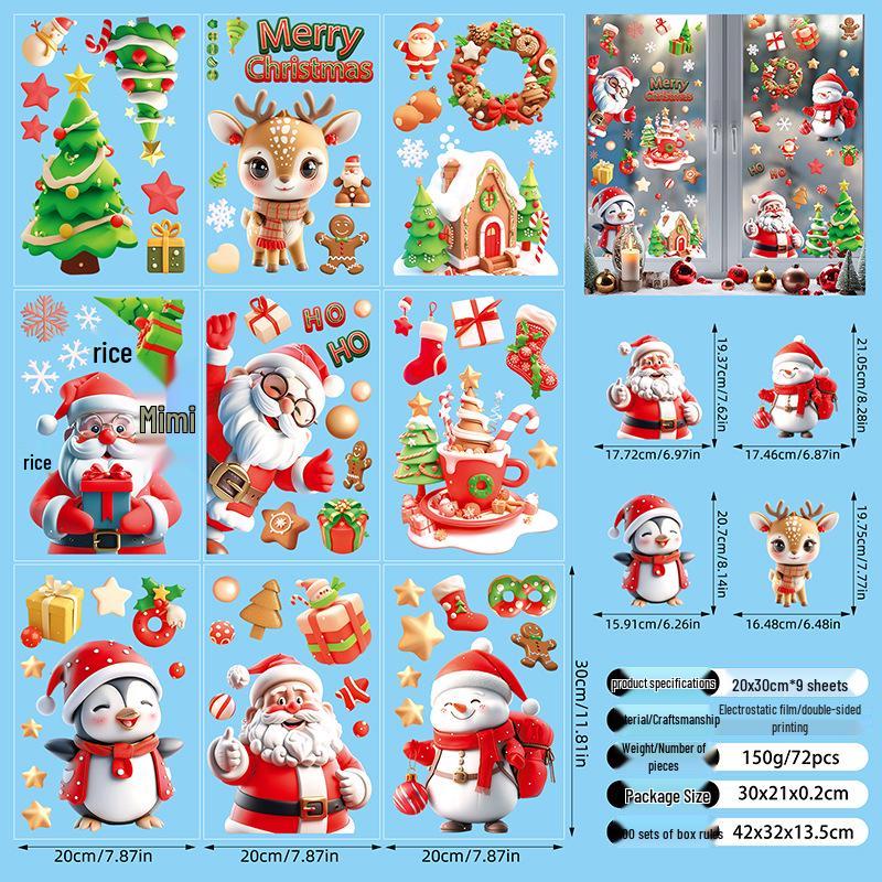 3D Santa Claus & Reindeer Static Clings for Windows - Self-Adhesive Christmas Decorations