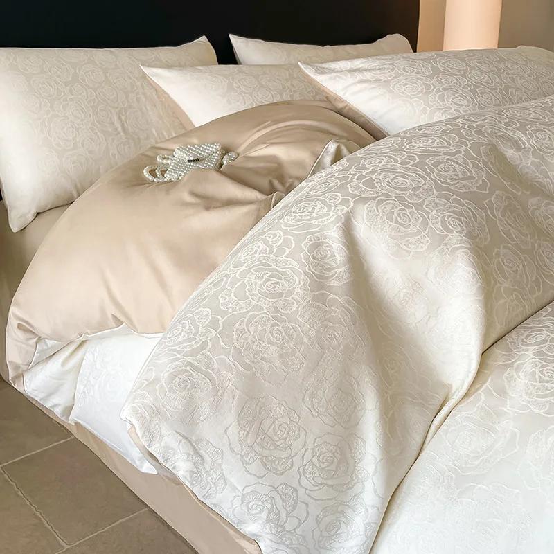 Light Luxury Satin Jacquard Solid Fitted Sheet Sets Pure Cotton Skin-Friendly Soft Quilt Cover 1.5/1.8M Bed Bedding for Adults