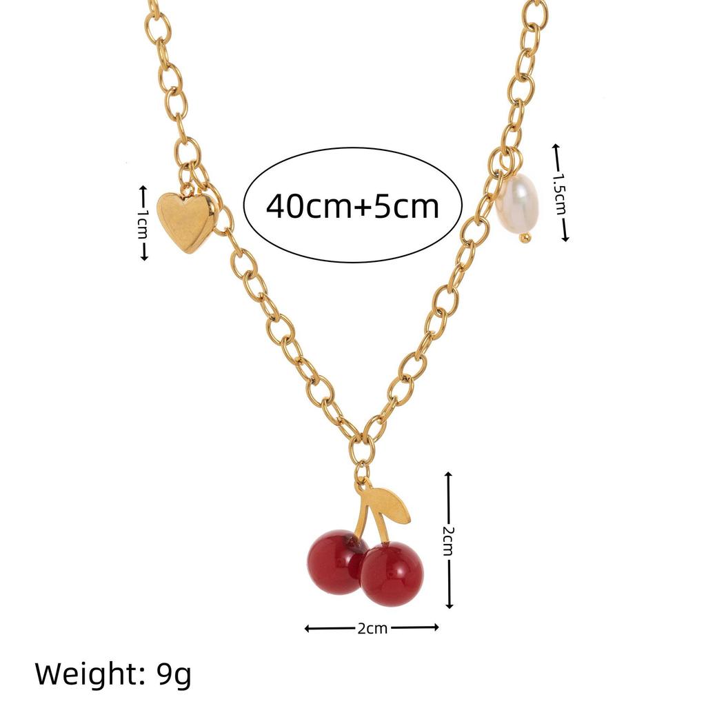 Cherry Girl Red Pearl Pendant Earrings & Bracelet Necklace Set - Titanium Steel with Color Retention
