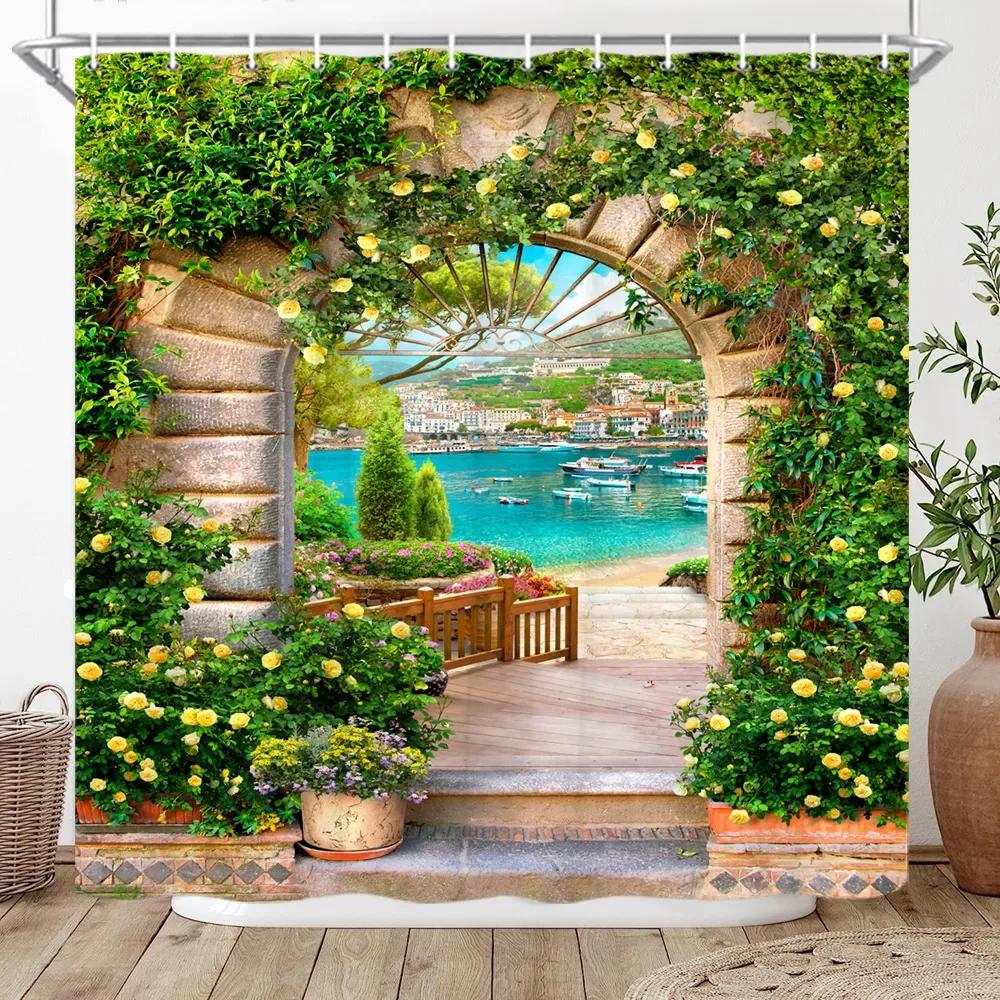 

3D Roman Column Palace Sea View Shower Curtain Green Palm Tree Lake Landscape Bathroom Decor Bath Curtain Polyester Fabric Hooks 90x180cm-35x70in