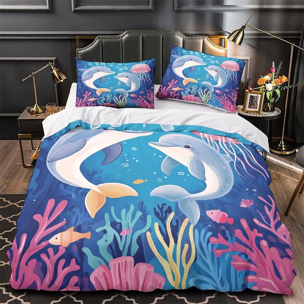 3D Printed Microfiber Dolphin Quilt Cover Sets All Season Bedding Set With Pillowcase Ocean Art Duvet Cover For Home Decoration