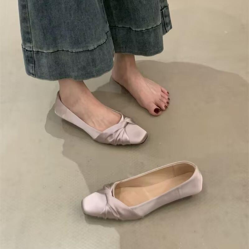 Flat Shoes for Women Square Head Pu Leather 2025 Spring Summer New Casual Loafers for Ladies Apricot Solid Color