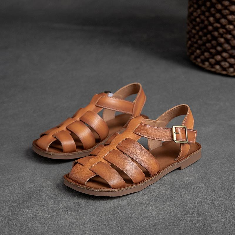 Johnature Flache Sandalen mit breiter Spitze, Retro, echtes Leder, bequeme weiche Sohle, vielseitige Damenschuhe 36 orange