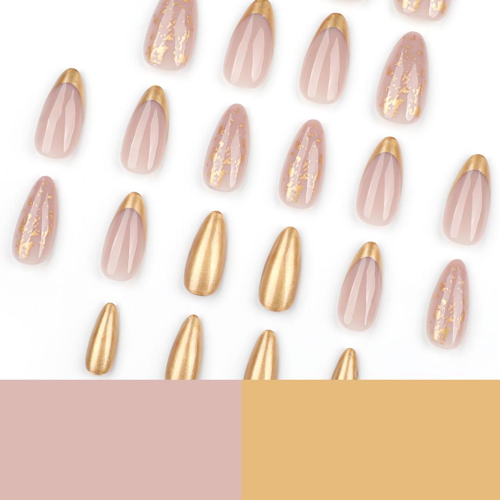 Nail Art Armatura Dorata Francese con Mandorla Unghie Finte da Pressare