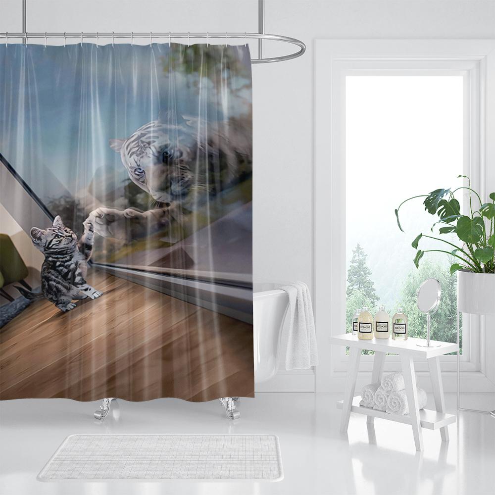 Funny Cat Shower Curtain, Dinosaur Cat Dog Animal Shark Funny Ocean Coral Goldfish Bathtub Bubbles Kids Cartoon Bathroom Decor