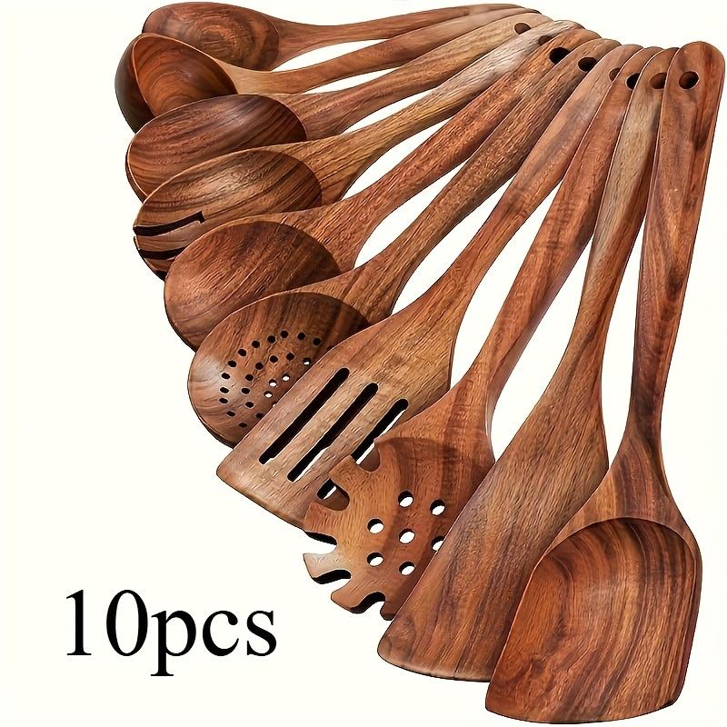 KEMORELA 10PCS Natural Wooden Spoon Set Cooking Utensils for Salad Soup Noodles Kitchen Utensil Kit with Spoons Ladles