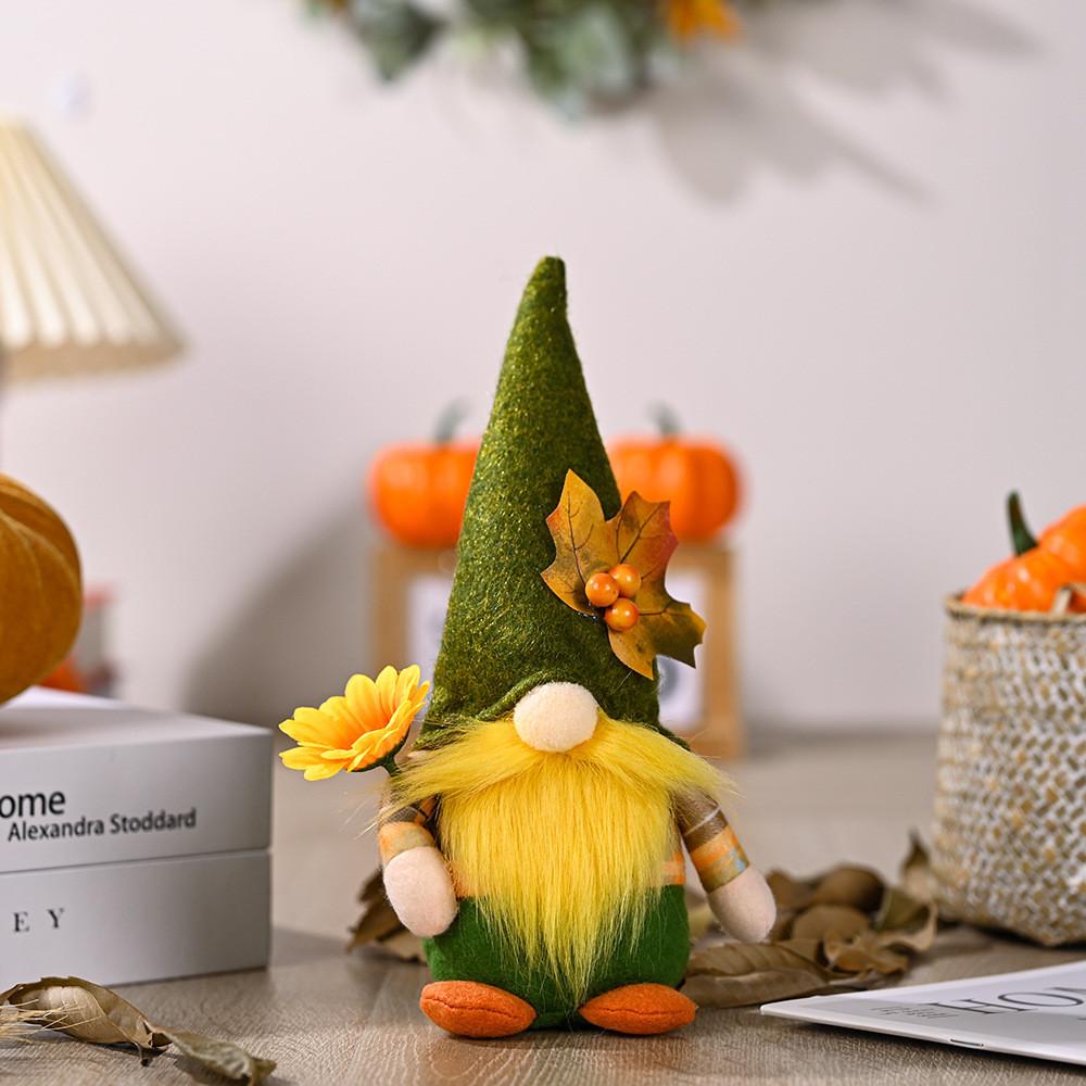 Plush Harvest Season Rudolf Gnome Figurine With Colorful Maple Leaf Hat And Floral Accents