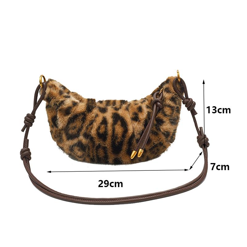 Leopard Print Faux Fur Shoulder Bag Vintage Women Plush Warm  Adjustable Strap Crossbody Bag CLE
