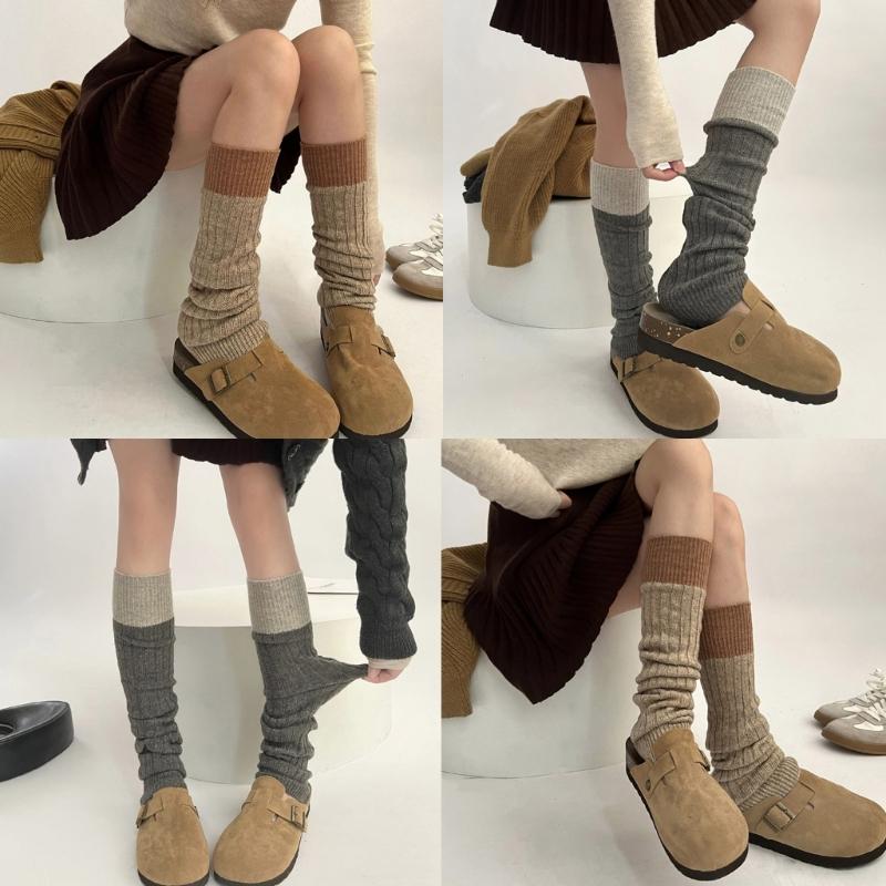 Womens Winter Warm Ribbed Knit Leg Warmers Japanese Style Harajuku Vintage Colorblock Long Boot Socks Thermal Leg Cover