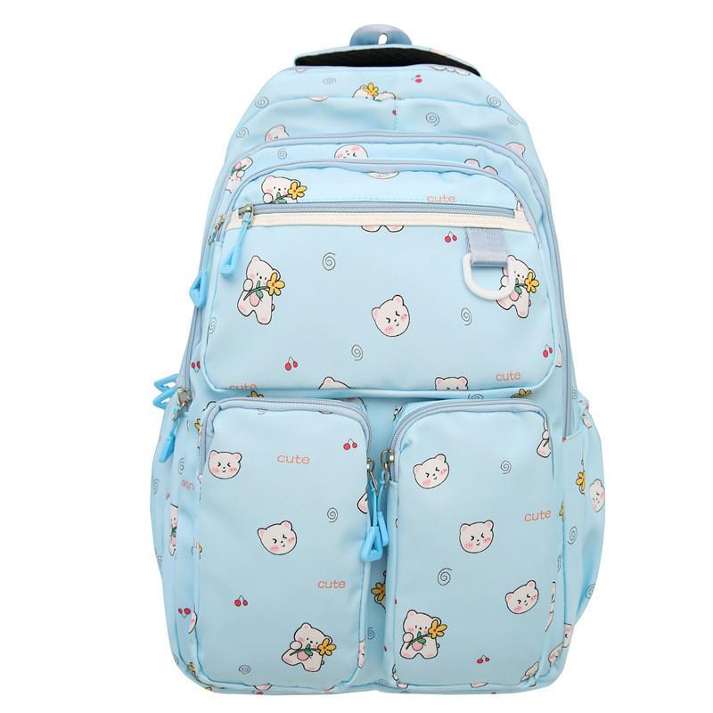

Cute Teddy Cartoon Bear Flower Pattern Large Capacity Student Backpack For Girls синий