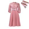 Women's Mock Neck Three Quarter Sleeve Midi Dress Loose Fit High Waist Elegant Hollow Lace Pleated A Line Dress Party Formal Dress